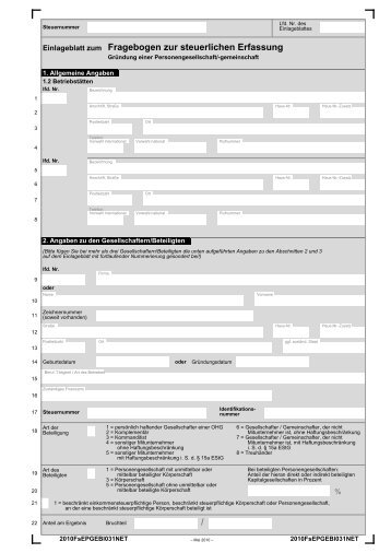 Einlageblatt zum Fragebogen zur steuerlichen Erfassung / - Finanzamt