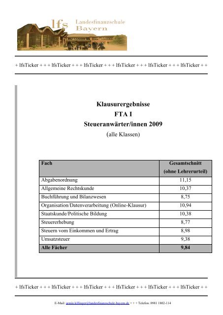 Klausurergebnisse FTA I Steueranwärter/innen 2009