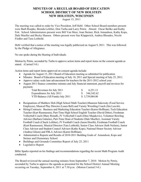 8/15/2011 Board Minutes - New Holstein School District