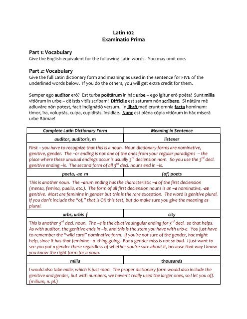 Latin 102 Examinatio Prima Part 1: Vocabulary Part 2: Vocabulary