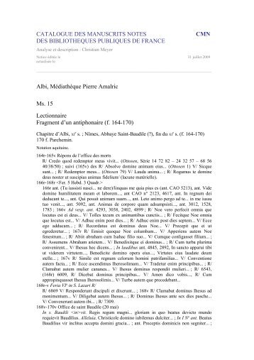 CATALOGUE DES MANUSCRITS NOTES DES BIBLIOTHEQUES ...