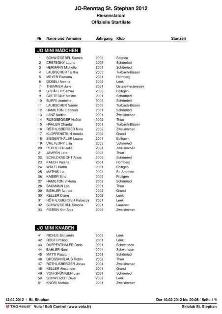 Offizielle Startliste - Swiss-Ski KWO
