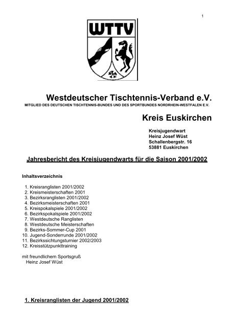 Bericht des Jugendwarts 2001 - Tischtennis - Kreis - Euskirchen