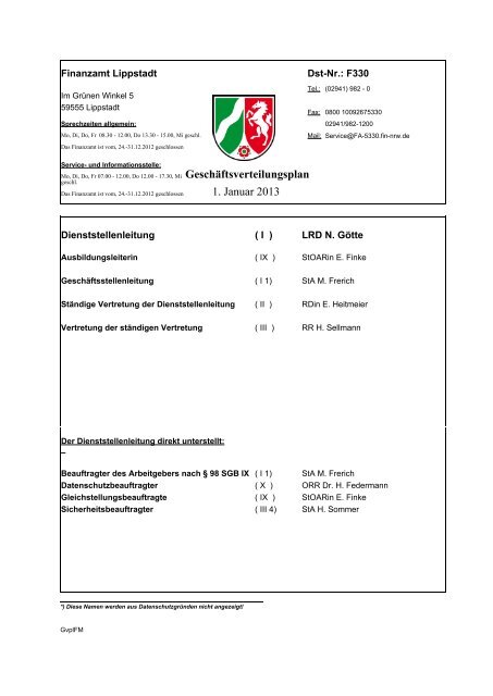 Geschäftsverteilungsplan 1. Januar 2013 - Finanzamt Lippstadt