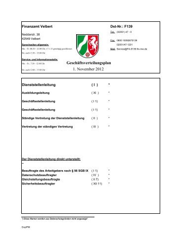 Geschäftsverteilungsplan 1. November 2012 - Finanzamt Velbert