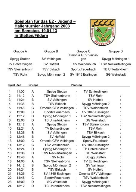 Spielplan für das E2 - Jugend – Hallenturnier Jahrgang 2003 am ...