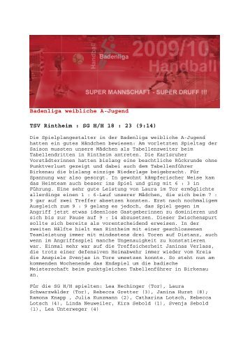 Badenliga weibliche A-Jugend TSV Rintheim : SG H/H ... - Die SGHH