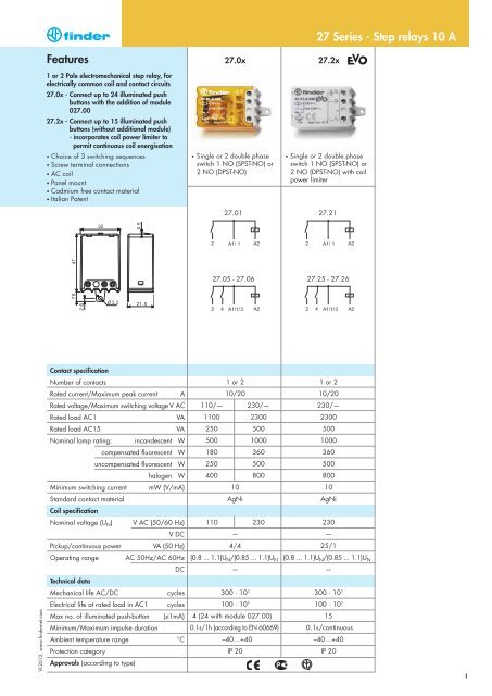 Features 27 Series - Step relays 10 A - Finder