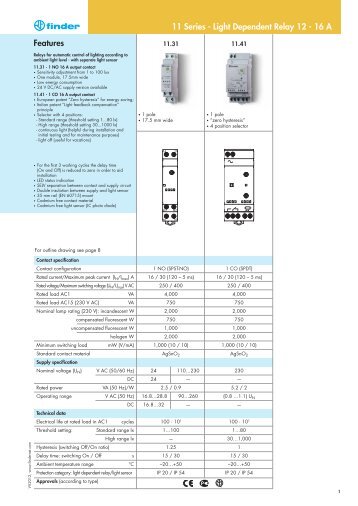 Features 11 Series - Light Dependent Relay 12 - 16 A - Finder