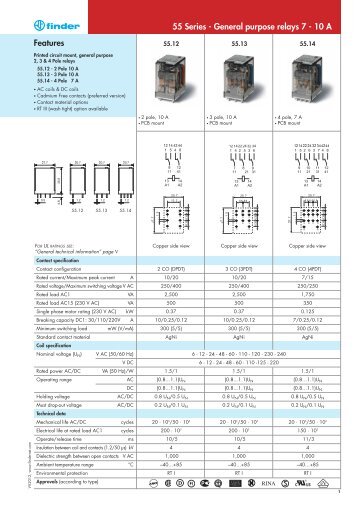 Features 55 Series - General purpose relays 7 - 10 A - Finder