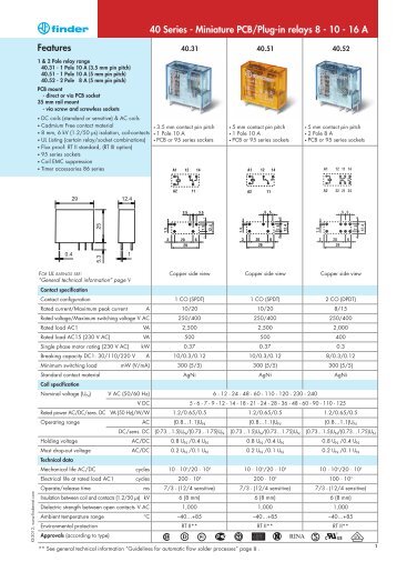Features 40 Series - Miniature PCB/Plug-in relays 8 - 10 ... - Finder