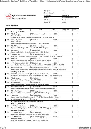 Staffelspielplan Kreisligen A: Bezirk Kocher/Rems (KL) (Kreisliga A ...