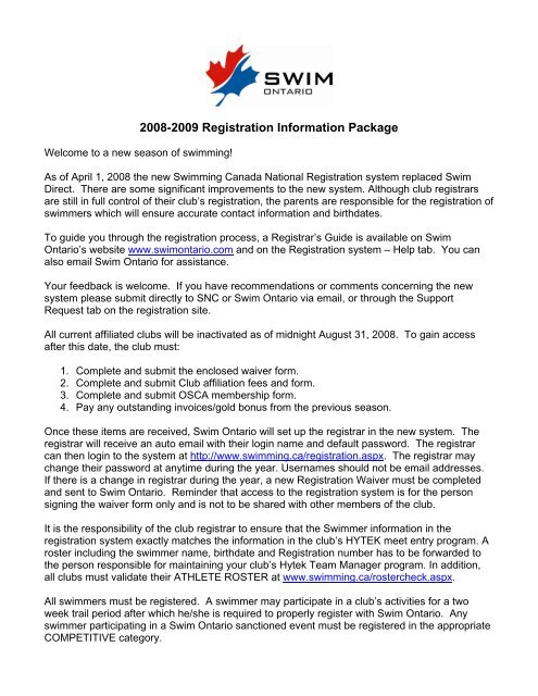 sessional (grassroots) swimmer registration form - Swim Ontario