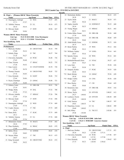 Meet Results - Etobicoke Swimming