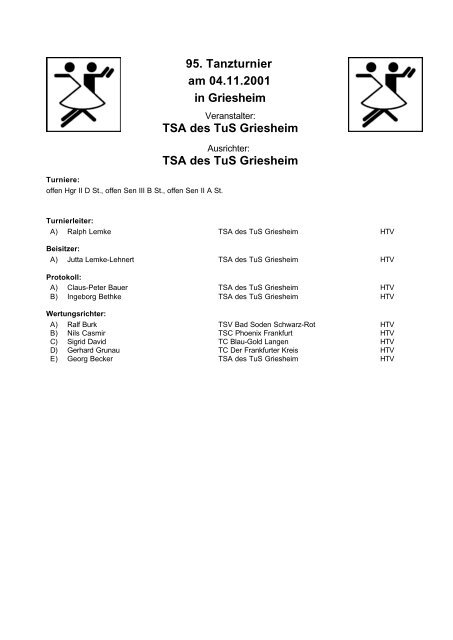 95. Tanzturnier am 04.11.2001 in Griesheim TSA des TuS ...