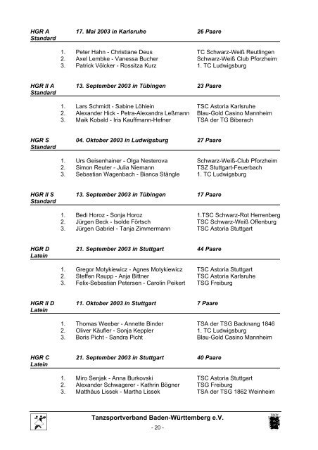 Bericht des Schriftführers - Tanzsportverband Baden-Württemberg