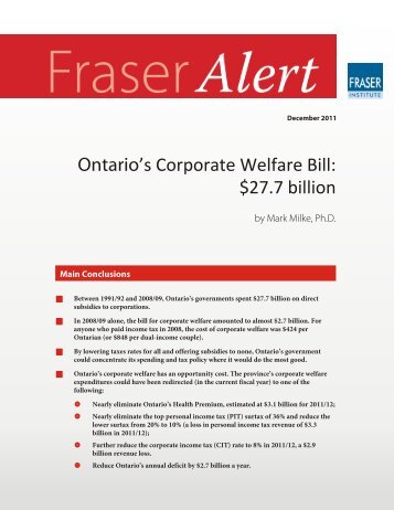 Ontario's Corporate Welfare Bill: $27.7 billion - Fraser Institute