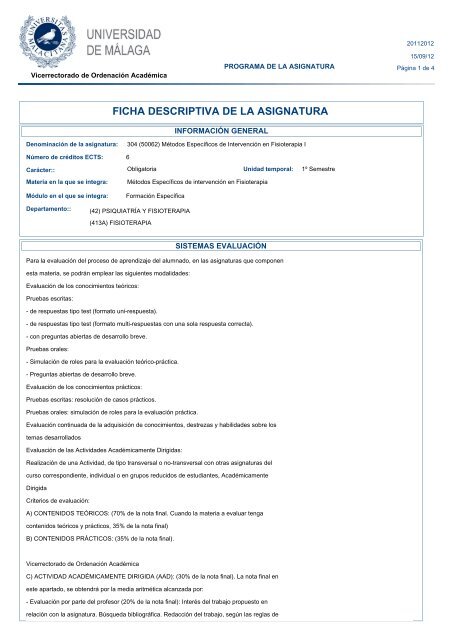 FICHA DESCRIPTIVA DE LA ASIGNATURA - Universidad de Málaga