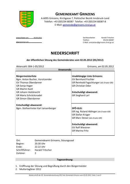 NIEDERSCHRIFT - Gemeinde Grinzens