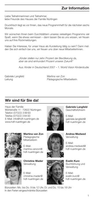 Wir sind für Sie da! Zur Information - Haus der Familie Nürtingen eV