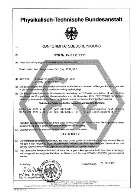Konformitäts-bescheinigung PTB Nr. Ex-92.C.2111 - FTL Tritschler ...