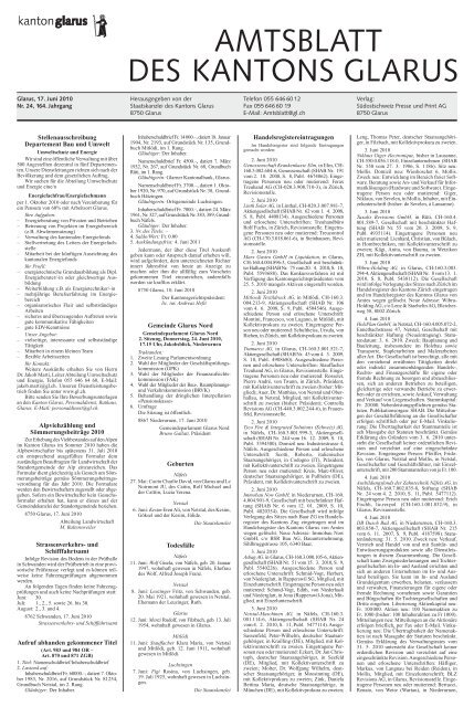 Amtsblatt des Kantons Glarus, 17.6.2010 - Glarus24.ch