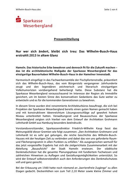Pressemitteilung Nur wer sich ändert, bleibt sich treu: Das Wilhelm ...