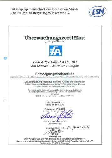 Zertifikat ESN 09-040204 - Falk Adler GmbH & Co. KG