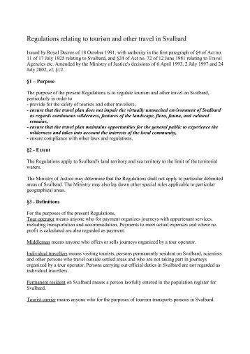 Regulations relating to tourism and other travel in ... - Sysselmannen