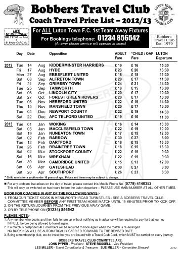 Bobbers Travel Club list 2012/13 - Luton Town