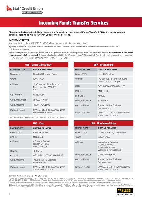 Incoming Funds Transfer Services Qantas Staff Credit Union