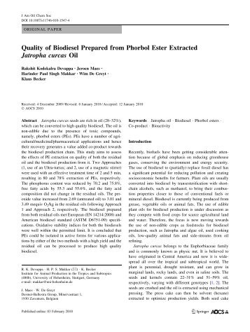 Quality of Biodiesel Prepared from Phorbol Ester Extracted - Corpoica