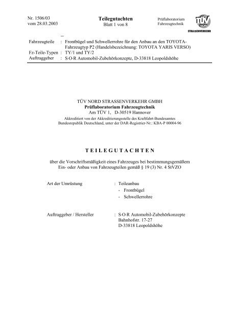 Teilegutachten T E I L E G U T A C H T E N Cobra Sor