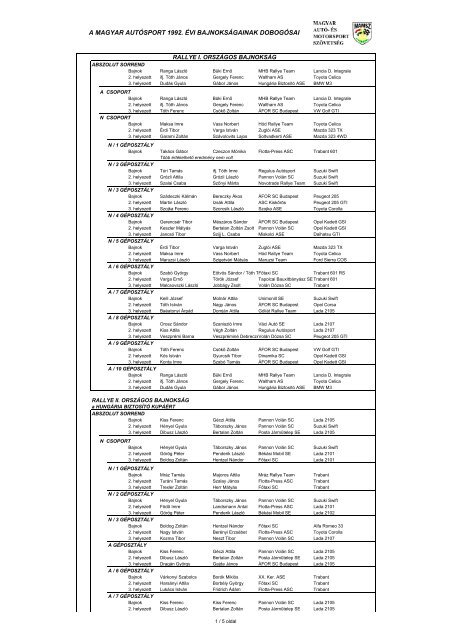 A magyar autÃ³sport dobogÃ³sai 1992 - Magyar Nemzeti AutÃ³sport ...
