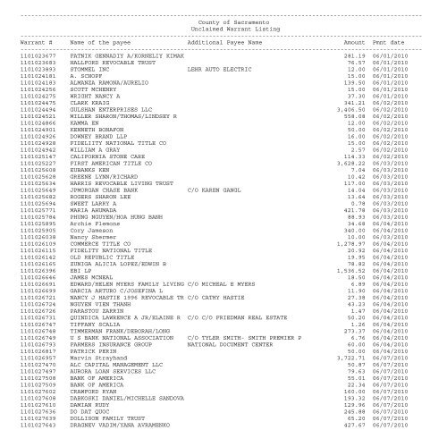 UnclaimedWarrantListing2 - Finance - Sacramento County