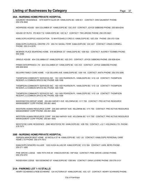 Listing of Businesses by Category - City of Kamloops