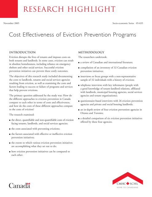Cost Effectiveness of Eviction Prevention Programs - SCHL