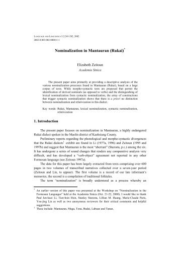 Nominalization in Mantauran (Rukai)* - 中央研究院語言學研究所 ...