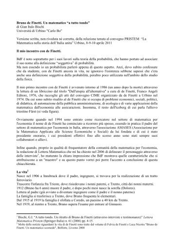 Bruno de Finetti. Un matematico “a tutto tondo” di Gian ... - Matematica