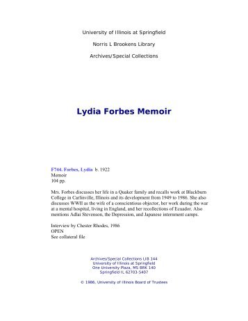 Lydia Forbes Memoir - University of Illinois Springfield