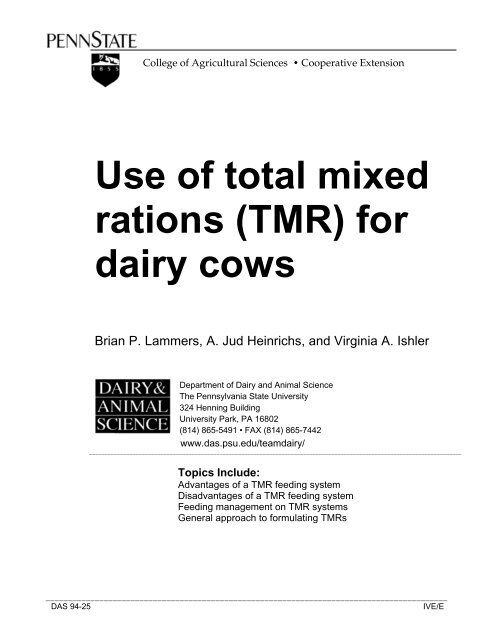 Total Mixed Ration Example Use of total mixed rations (TMR) for dairy cows - Penn State ...