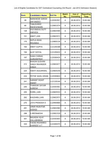 List of Eligible Candidates for CET Centralized Counseling (3rd ...