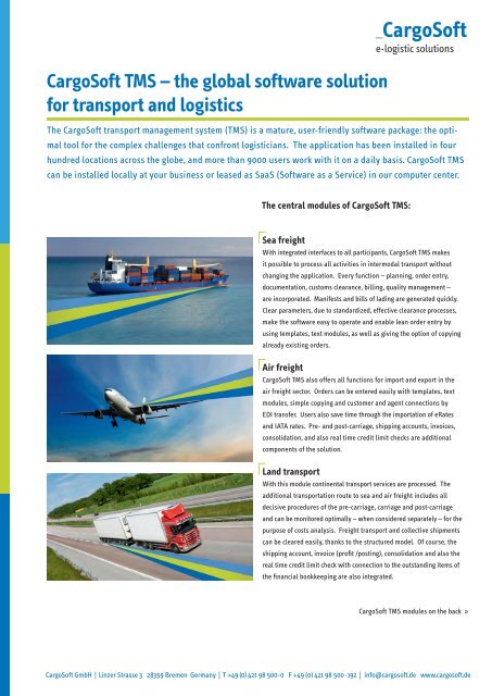 CargoSoft TMS – the global software solution for ... - CargoSoft GmbH