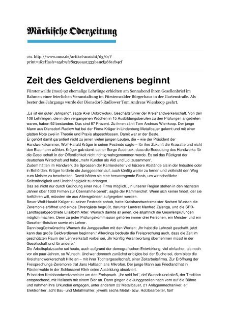 Zeit des Geldverdienens beginnt - Kreishandwerkerschaft Oder-Spree