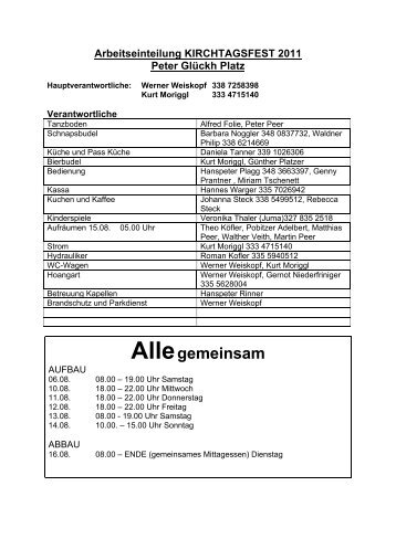 Arbeitseinteilung Kirchtag