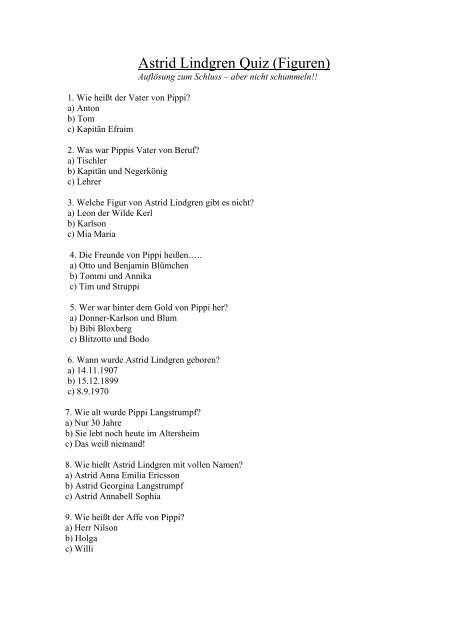 Astrid Lindgren Quiz Figuren Astrid Lindgren Schule