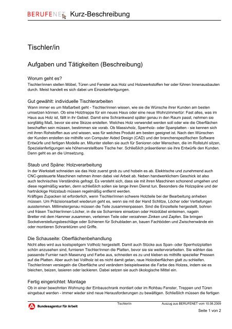 Kurz-Beschreibung Tischler/in - Arbeitslehre.de