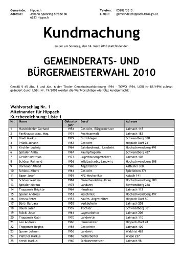 Kundmachung Wahlvorschläge - Gemeinde Hippach