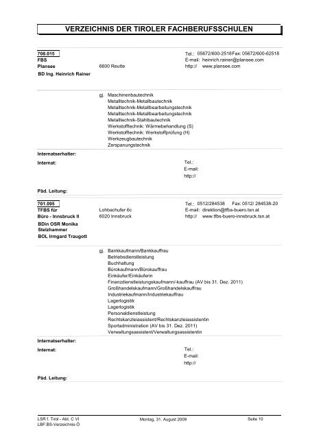 VERZEICHNIS DER TIROLER FACHBERUFSSCHULEN