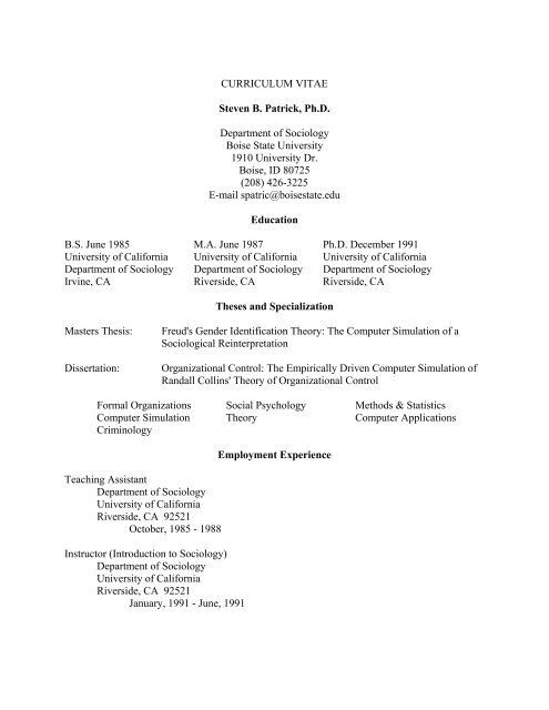 CURRICULUM VITAE Steven B. Patrick, Ph.D. Department of ...